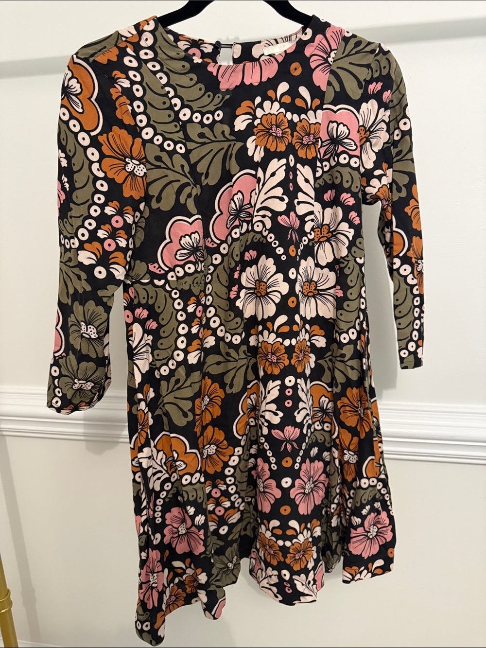 H&M Black Floral A-Line Dress with Pink & Olive Accents